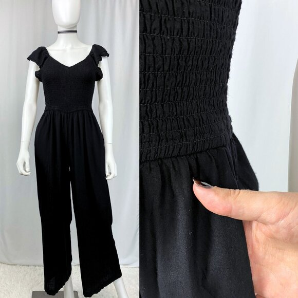 Japna black shirred wide-leg flutter sleeve pockets rayon goth jumpsuit small - Picture 2 of 3